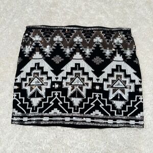 Express Women's S Small Black Silver Sequin Aztec Mini Skirt Club Sexy